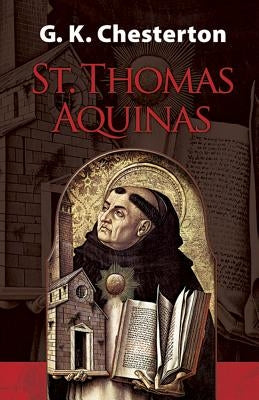 Illustration of St. Thomas Aquinas from Dover Publications, featuring a detailed depiction of the Catholic saint in traditional attire.