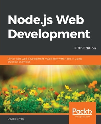 Paperback book titled "Node.js Web Development - Fifth Edition" by Packt Publishing, featuring a cover with coding illustrations.