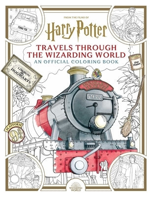Paperback Harry Potter coloring book titled "Travels Through the Wizarding World" by Insight Editions, featuring magical illustrations.