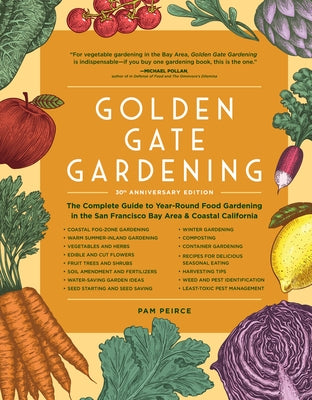Paperback of Golden Gate Gardening 30th Anniversary Edition by Sasquatch Books, featuring a vibrant cover with gardening illustrations.