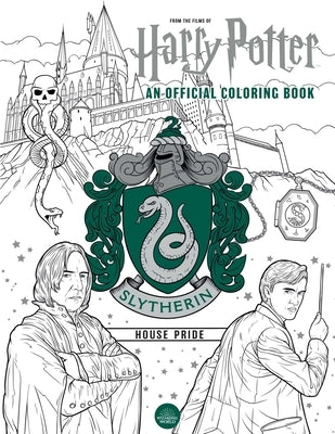 Slytherin House Pride coloring book by Insight Editions, featuring Harry Potter-themed illustrations and Slytherin house symbols.