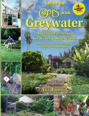 Paperback book titled "Create an Oasis with Greywater" by Oasis Designs, showing the cover with water conservation illustrations.