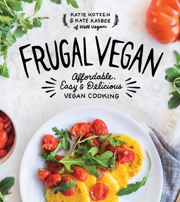 Page Street Publishing's Frugal Vegan cookbook open to a colorful vegan dish on a wooden table, showcasing affordable, easy vegan cooking.