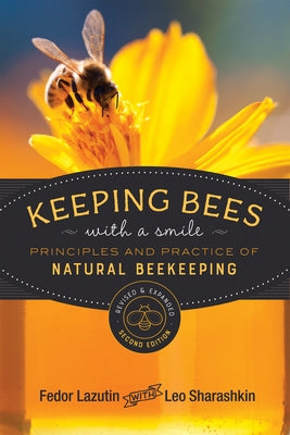 Paperback book titled "Keeping Bees with a Smile" by New Society Publishers, featuring a bee-themed cover illustration.