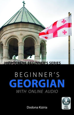 Paperback of Hippocrene Books' Beginner's Georgian language guide with online audio, showing the front cover and sample pages.