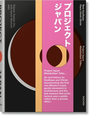 Paperback book titled "Koolhaas/Obrist. Project Japan. Metabolism Talks" by Taschen featuring a cover image with architectural designs.