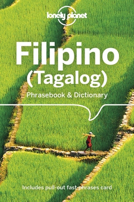 Paperback Lonely Planet Filipino phrasebook and dictionary with colorful cover, featuring Tagalog language tools and travel assistance.