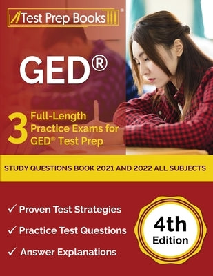 Paperback GED Study Questions Book by Test Prep Books with practice exams for all subjects, 4th edition, for 2021 and 2022 test prep