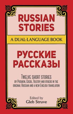 Paperback Russian Stories book by Dover Publications featuring dual-language text, with colorful cover and pages visible.