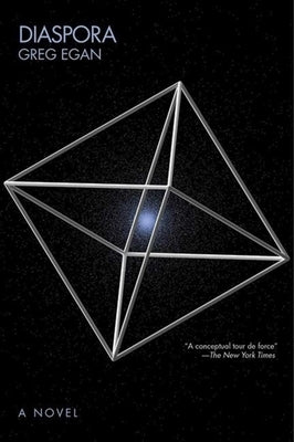 Paperback book titled Diaspora by Night Shade Books, featuring a close-up of the cover with abstract artwork.