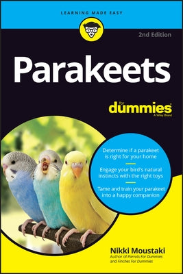 Pair of colorful parakeets on a perch, featured on the cover of "Parakeets for Dummies" book by For Dummies.