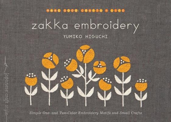 Paperback book titled "Zakka Embroidery" by Roost Books showing colorful embroidery motifs and small craft projects on the cover.
