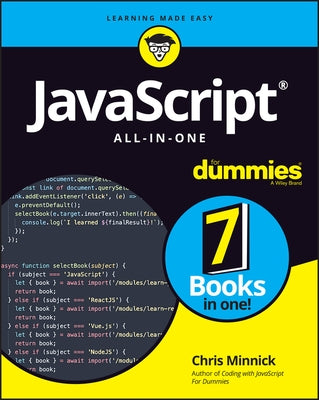 Paperback book titled "JavaScript All-In-One for Dummies" by For Dummies, featuring a colorful cover with JavaScript graphics.