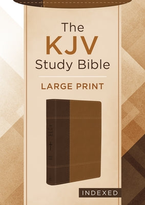 Large print KJV Study Bible by Barbour Publishing with copper cross emblem and indexed pages, open to a Bible passage.