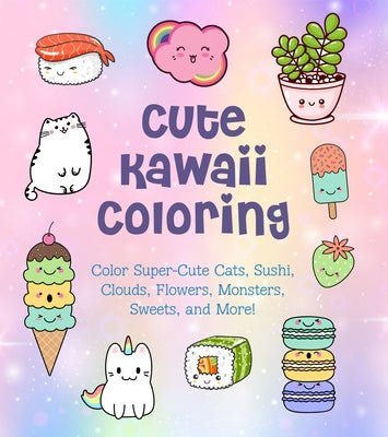Paperback coloring book featuring cute kawaii cats, sushi, clouds, flowers, monsters, and sweets with playful illustrations.