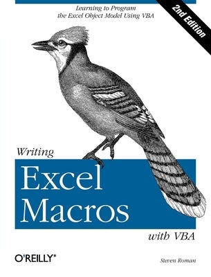 Paperback book titled "Writing Excel Macros with VBA" by O'Reilly Media, featuring a cover image with text and design elements.