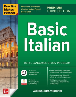 Paperback of Practice Makes Perfect Basic Italian Premium Third Edition by McGraw-Hill Companies, open showing Italian language exercises.