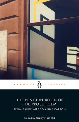 Open book titled "The Penguin Book of the Prose Poem" showing pages with poetic text and illustrations by Penguin Group.