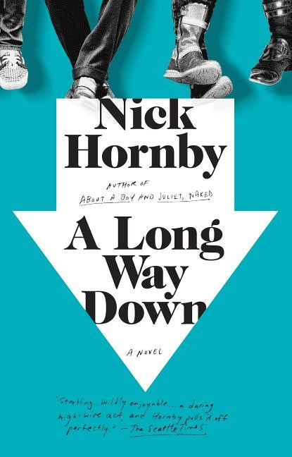 Paperback of "A Long Way Down" by Riverhead Books, featuring the book cover with title and author details.