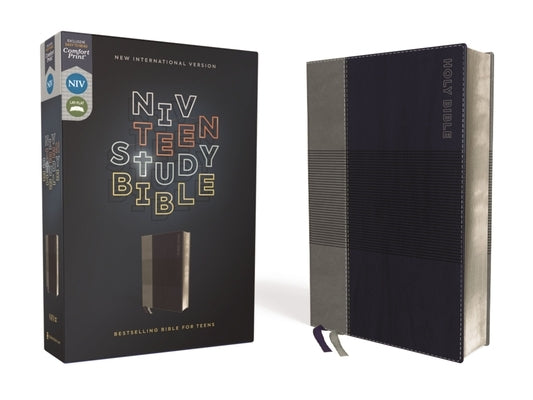 Blue Zondervan Niv Teen Study Bible with Comfort Print in Leathersoft cover, featuring life issues guidance and clear text.