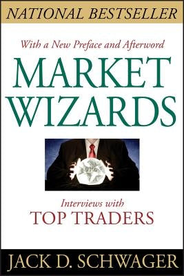 Paperback copy of Market Wizards: Interviews with Top Traders book by Wiley, featuring a cover with financial charts and trader silhouettes.