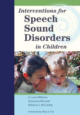 Paperback book titled "Interventions for Speech Sound Disorders in Children" by Brookes Publishing with a DVD included, displayed on a table.