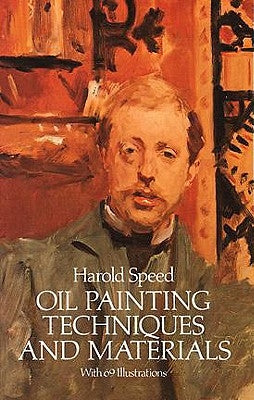 Close-up of oil painting techniques and materials page from Dover Publications book, showing brushes, paints, and palette.