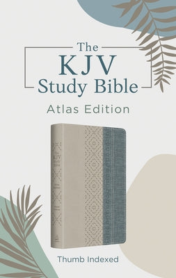 Barbour Publishing KJV Study Bible Atlas Edition with thumb index in taupe and denim crosshatch cover, detailed map pages visible