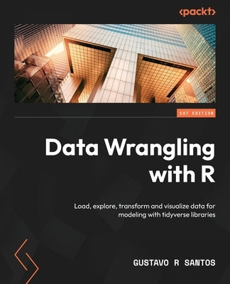 Paperback book titled "Data Wrangling with R" by Packt Publishing, featuring colorful data visualization and tidyverse logo on cover.