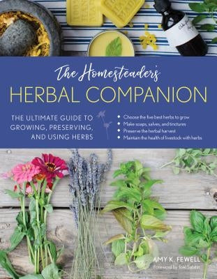 Paperback book titled "The Homesteader's Herbal Companion" by Lyons Press, featuring herbal illustrations on the cover.