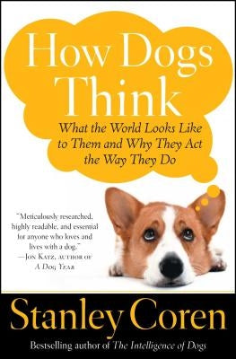 Open book titled "How Dogs Think" by Atria Books with dog illustrations and colorful pages on a table.
