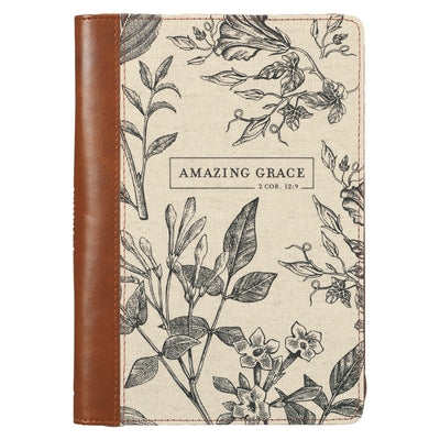 Christian Art Gifts Scripture Journal Brown/Cream Floral Printed Amazing Grace 2 Cor. 12:9 Bible Verse Inspirational Faux Leather Notebook, Zipper Clo Leather Christian Art Gifts