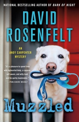 Close-up of the book cover for "Muzzled: An Andy Carpenter Mystery" by Minotaur Books featuring a dog and detective theme.