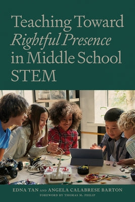 Paperback book titled "Teaching Toward Rightful Presence in Middle School STEM" by Harvard Education PR shown open with pages visible.