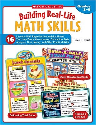 Paperback building real-life math skills book for grades 3-5 by Scholastic Teaching Resources, featuring colorful educational exercises.
