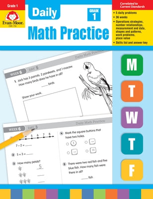 Paperback Daily Math Practice book for Grade 1 by Evan-Moor Educational Publishers, featuring colorful math exercises and practice pages.