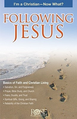 Open book titled "Following Jesus: I'm a Christian--Now What?" by Rose Publishing with religious text and illustrations inside.