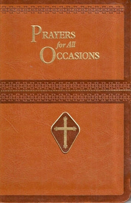 Imitation leather book titled "Prayers for All Occasions" by Catholic Book Publishing, open to a page with printed prayers.