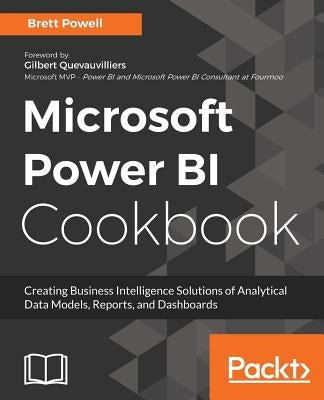 Paperback of Microsoft Power BI Cookbook by Packt Publishing, showing the book cover with colorful data and visualization graphics.