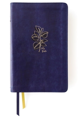 Niv Women's Devotional Bible by Zondervan, navy Leathersoft cover, comfort print, open pages with text and bookmarks visible.