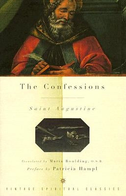 Vintage The Confessions book with an open cover, showing pages and classic design, on a neutral background.