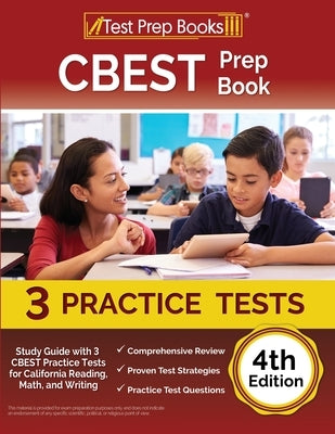 Paperback CBEST prep book by Test Prep Books with practice tests for California reading, math, and writing skills.