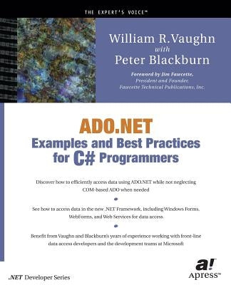 Paperback book titled "ADO.NET Examples and Best Practices for C# Programmers" by Apress, showing the cover with a CD-ROM.