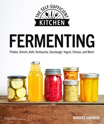 Paperback book titled "Fermenting" by Alpha Books, featuring colorful images of pickles, kimchi, kefir, kombucha, sourdough, yogurt, and cheese.