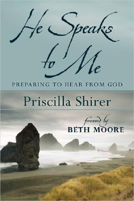 Book cover of "He Speaks to Me: Preparing to Hear from God" by Moody Publishers, featuring a serene image with spiritual symbols.