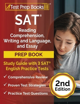 Paperback SAT prep book by Test Prep Books featuring reading, writing, language, and three practice tests for exam practice.