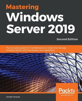Paperback book titled "Mastering Windows Server 2019" by Packt Publishing, showing the cover with Windows Server 2019 branding.