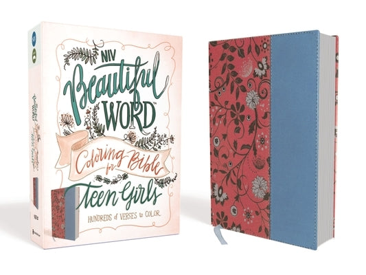 Zondervan NIV Beautiful Word Coloring Bible for Teen Girls in pink and blue imitation leather, featuring colorful designs and verses inside.