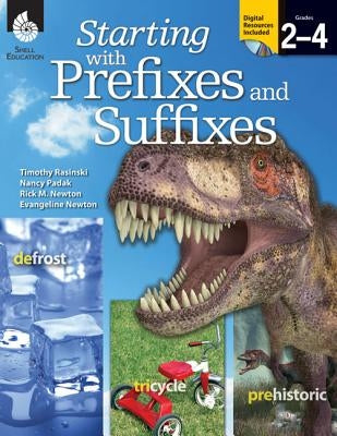 Illustration of educational book "Starting with Prefixes and Suffixes" by Shell Education Pub, featuring colorful cover with CD-ROM included.