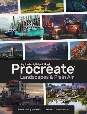Paperback book titled "A Guide to Digital Painting in Procreate: Landscapes & Plein Air" by 3dtotal Publishing, featuring colorful cover art.